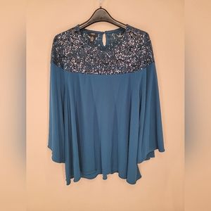 2X Alfani Woman Peacock Blue Bell Sleeve Sequine Top